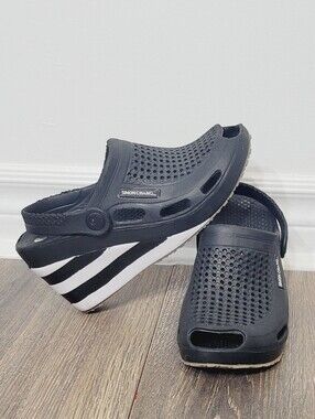 Simon Chang NEW Shoes Sandals Wedge Slip On Sandals Black White Stripped Wedge